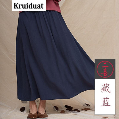 Kruidvat2017春季新款百褶裙中长款棉麻半身大摆裙民族风长女裙B077藏蓝色均码