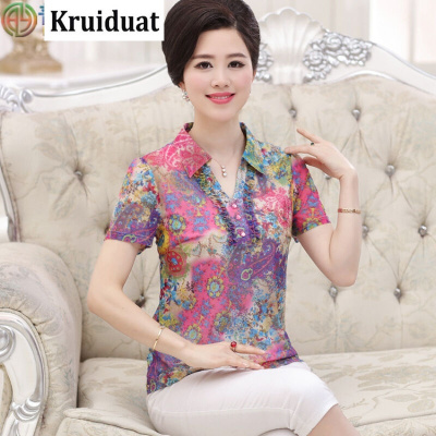 Kruidvat2017夏装新款中老年大码妈妈装台湾纱印花T恤女中年人翻领上衣女