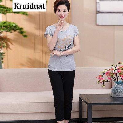 Kruidvat2017中老年女装套装35-50岁时尚中年妈妈装短袖休闲两件套夏装女