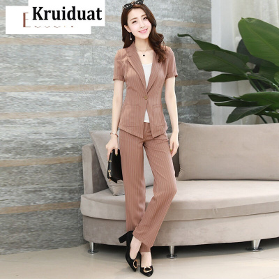 Kruidvat2017夏季韩版条纹西装领外套+阔腿裤两件套时尚套装女