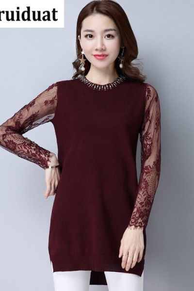 Kruidvat蕾丝连衣裙女2017春季新款针织中裙韩版长袖打底裙潮M2