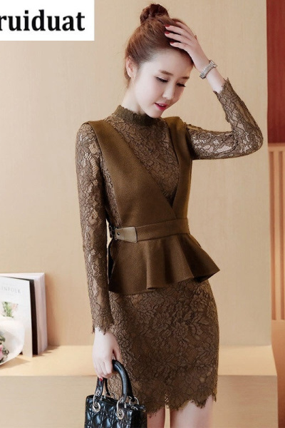 Kruidvat2017春季长袖蕾丝套装裙修身显瘦包臀马甲两件套连衣裙女M6