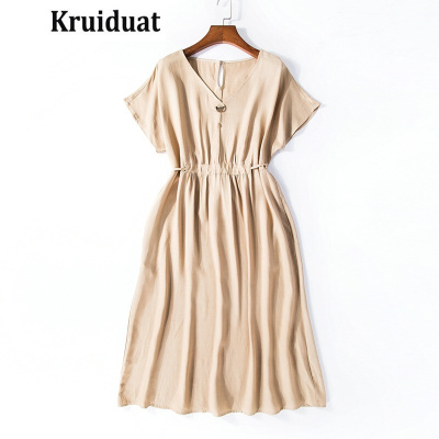 Kruidvat2017夏季女装大码宽松V领女裙配腰带LT卡其配细绳胸针裙