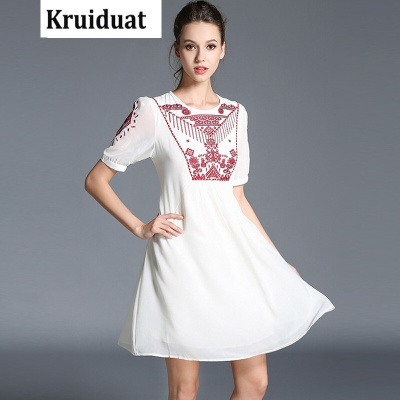 Kruidvat民族风女装白色泡泡袖重工刺绣高腰雪纺妈妈装连衣裙YLMK白色