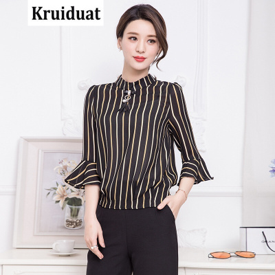 Kruidvat2017春装新款竖条纹显瘦花瓣袖上衣女Z032