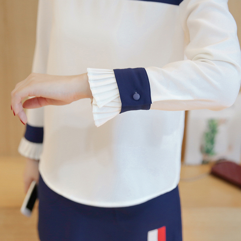 韩朵蔓2016秋冬韩版新款女装撞色百褶袖口百搭套头t恤