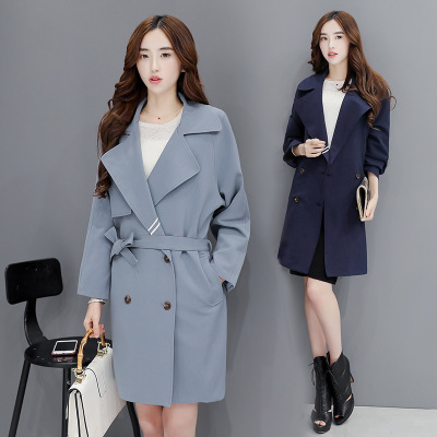 莞馨(wanxin)2016秋冬新款韩版女装系带风衣女中长款西装领双排扣茧型外套潮款