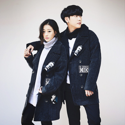 莞馨(wanxin)新款2016情侣装秋冬装外套新款斗篷毛呢外套女中长款学生韩版呢子大衣