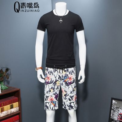 莞馨2017夏季新款男士休闲裤数码印花短裤个性潮男松紧运动五分裤男如图色