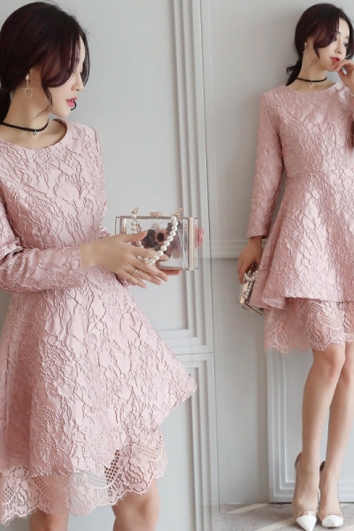 莞馨连衣裙蕾丝纯色圆领中腰长袖中长款2017年春季