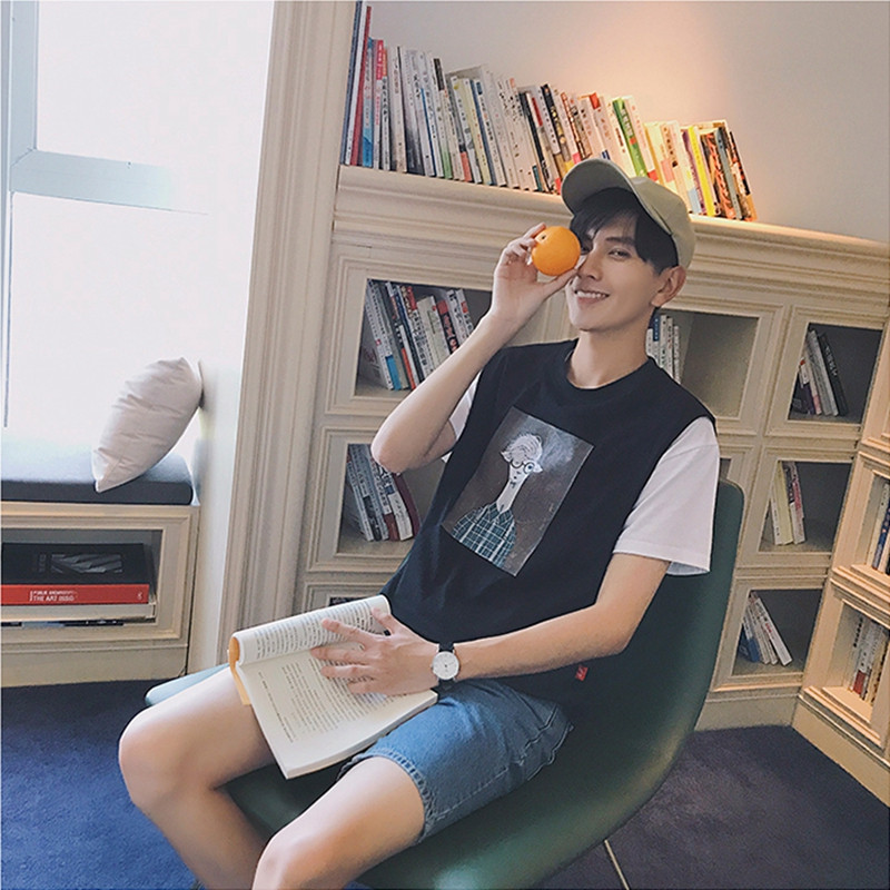 江南哥 无袖t恤男 2017夏季新款男装圆领印花衣服男青年修身打底上衣