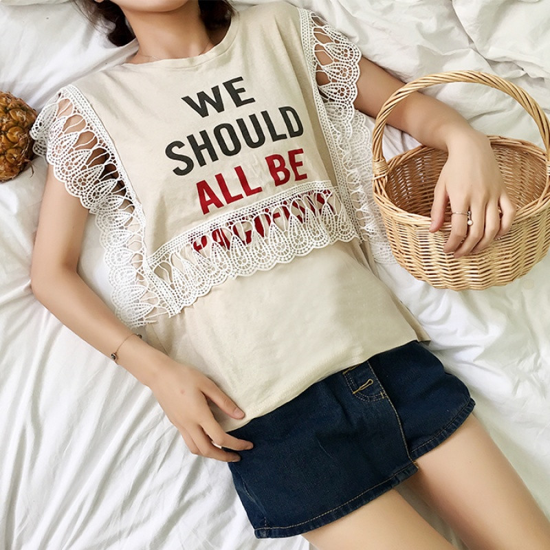 饰壹尚2017夏季韩版ulzzang复古港味t恤女无袖花边小清新上衣港风t恤