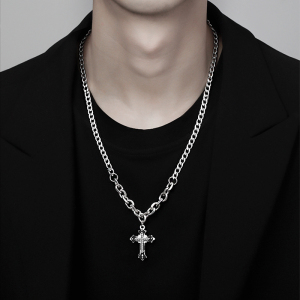 项链男潮古巴链十字架吊坠轻奢小众配饰钛钢不掉色男款锁骨毛衣链送女朋友老婆情人节七夕生日礼物 拼接链十字架项链链长60CM