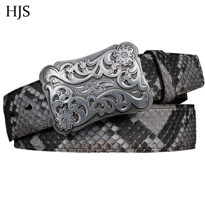 赫泽琼斯HEZZJONES缅甸蟒蛇皮带手工定制DIY皮带镀银唐草防过敏扣头高档休闲腰带潮男发型师皮带进口原色蟒蛇皮