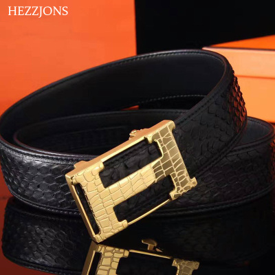 赫泽琼斯HEZZJONES自动扣皮带进口蟒蛇皮腰带商务休闲裤腰带男士高档礼盒皮带黑色+金扣