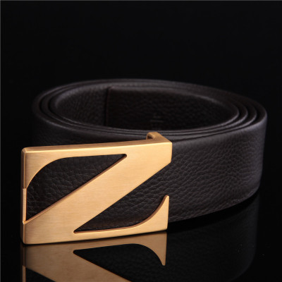 赫泽琼斯HEZZJONESZ字扣皮带头层牛皮荔枝纹真皮腰带青年个性平滑扣皮带潮男百搭腰带棕色+大Z金扣
