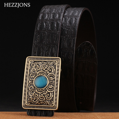 赫泽琼斯HEZZJONES宝石皮带原创手工雕刻纯铜扣腰带休闲简约中年皮带商务百搭防过敏腰带咖啡色