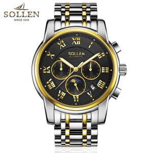 梭伦(SOLLEN)手表男自动机械表镂空精钢防水间金时尚休闲商务潮流夜光腕表男表SL-802间金