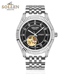梭伦(SOLLEN)新款手表正品自动机械表男表陀飞轮夜光时尚休闲正装钢带防水男士手表SL-9006