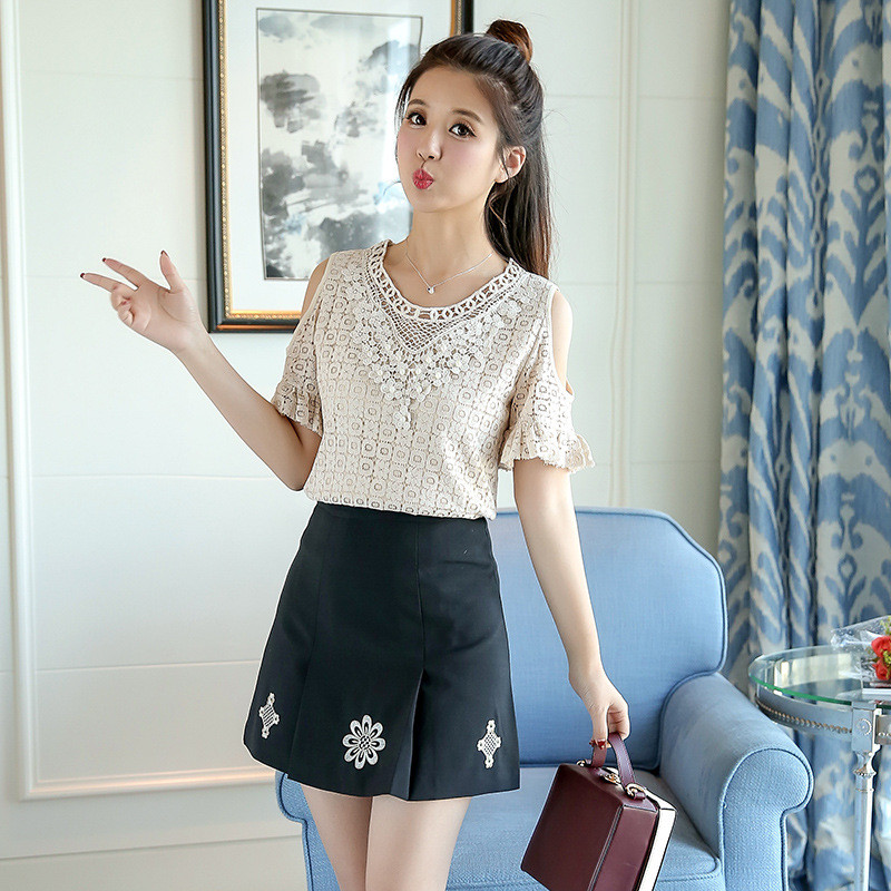 夏季套装女装2017新款夏短裙小清新学生时尚两件套蕾丝连衣裙
