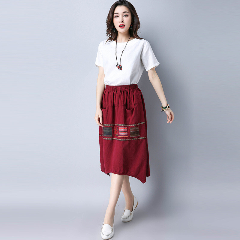 夏季新款民族风女装裙子中国风印花中长款大码宽松棉麻休闲半身裙
