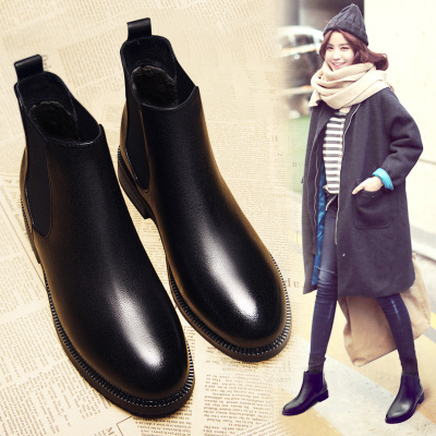 短靴女平底真皮秋冬季加绒女靴子马丁靴英伦风粗跟女鞋2021麦可斯.米娅圆头平跟(≤1厘米)豆乐奇女士低帮鞋橡胶(真皮)