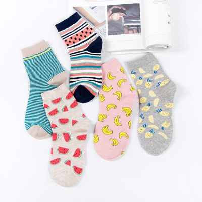 5双装-棉袜中筒袜女士全棉女袜子时尚清新水果图案中筒袜子女韩版2021秋冬春麦可斯.米娅混搭5双混搭颜色有要求可下单备注-默认尺寸