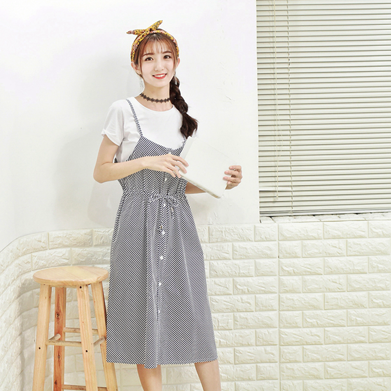 文艺小清新学院风学生吊带裙中长款系带连衣裙女夏季新款2017裙子