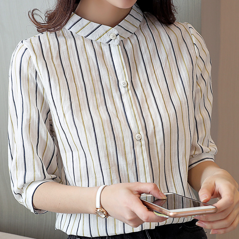 宽松小清新条纹职业白色中袖衬衫上衣2017夏新款女装韩版立领衬衣