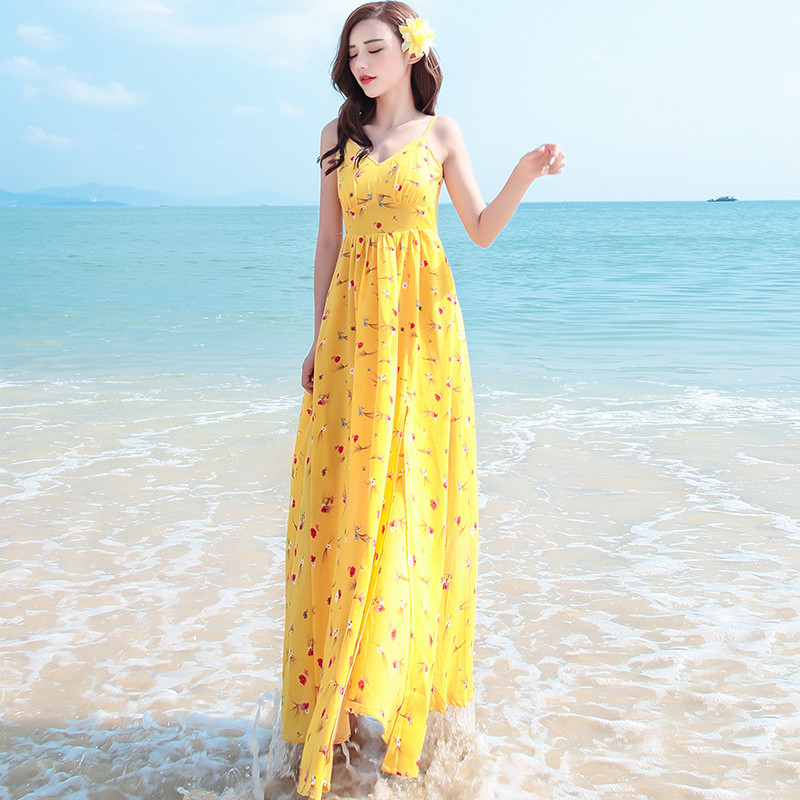 夏季吊带长裙露背大摆雪纺碎花连衣裙波西米亚长裙海边度假沙滩裙