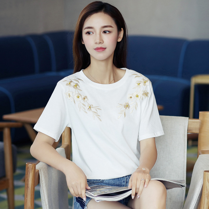 花藤刺绣白t恤女短袖2017夏装新款韩范宽松体恤衫纯棉休闲上衣潮
