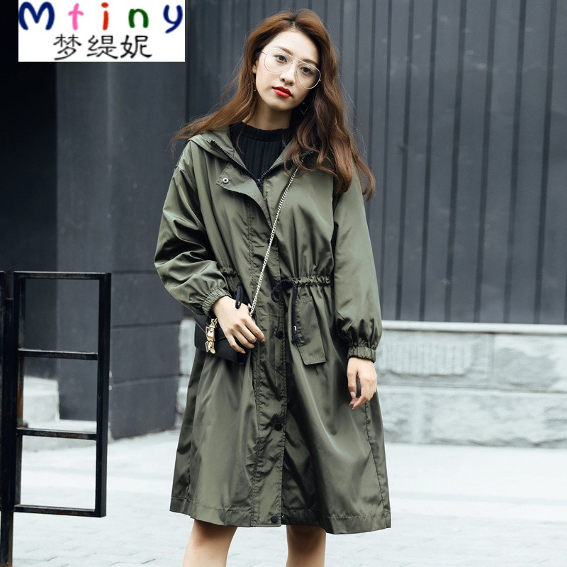 mtiny原创欧美风连帽收腰中长款oversize防风休闲军绿色风衣宽松外套