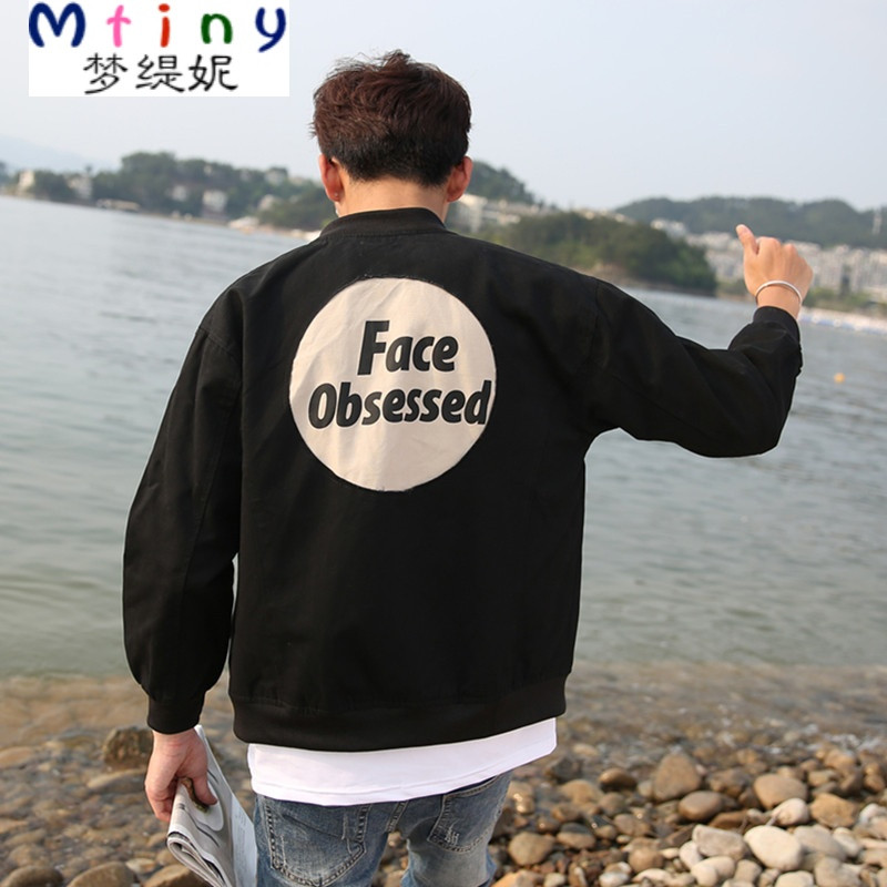 mtiny港仔男士潮流夹克外套青少年修身印花人头像棒球服立领牛仔上衣
