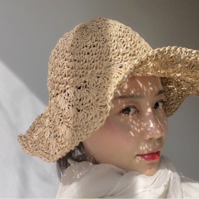 818款夏季女士凉帽可折叠手工花朵草编钩针 镂空树叶草帽 沙滩遮阳帽