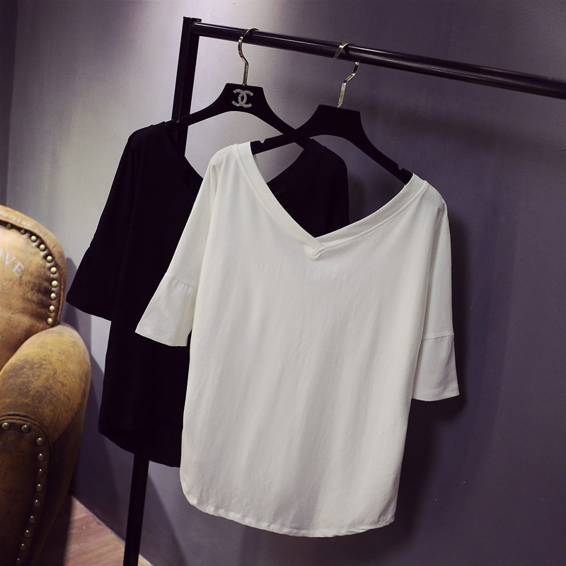娉语2018夏季新欧美风简约百搭宽松显瘦大v领纯棉短袖t恤女大码打底衫