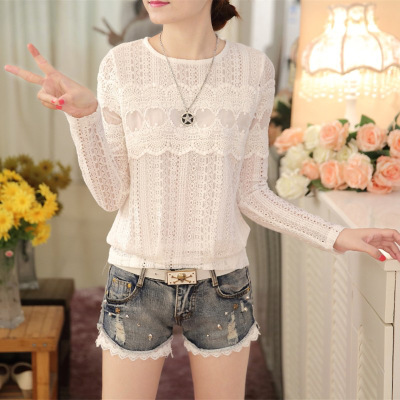 薇侣2017新品秋装新款潮韩版显瘦圆领镂空上衣蕾丝衫打底衫女长袖
