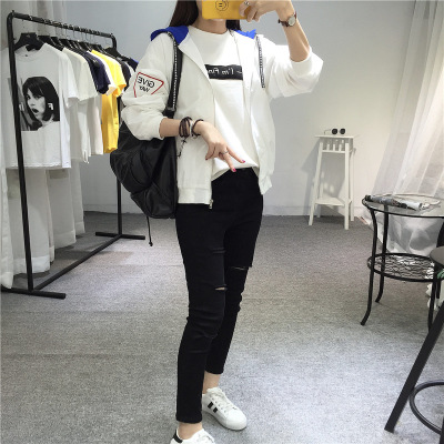 薇侣2017新品新款原宿学生bf贴花拼色连帽棒球服女短款薄外套