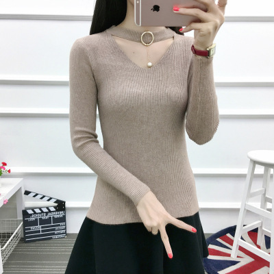 薇侣2017新品新款秋冬针织衫套头镂空长袖毛衣女修身韩版百搭打底衫