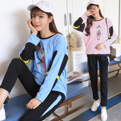 薇侣2017新品秋装新款印花图案孕妇套装长袖运动休闲套上衣+长裤