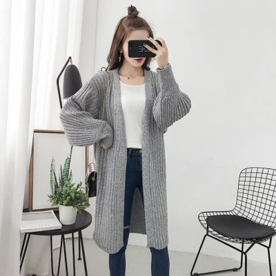 薇侣2017新品秋冬新款中长款针织衫灯笼袖开衫宽松毛衣上衣学生外套女