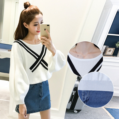 薇侣2017新品秋新款学院风圆领套头毛衣韩版宽松萝卜袖针织衫