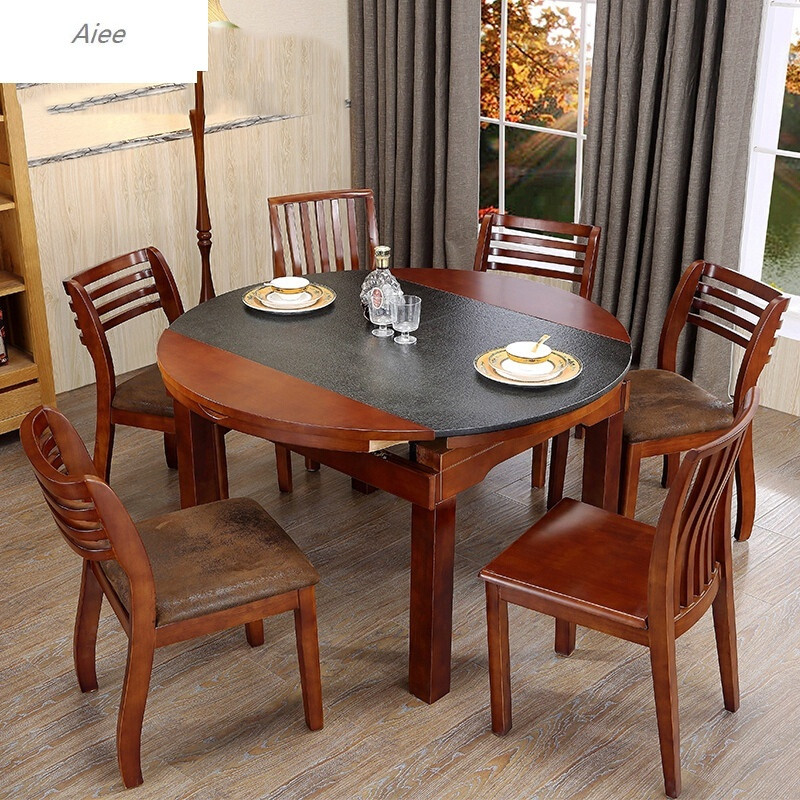 aiee现代伸缩圆桌玄武石橡胶木餐桌功能餐火烧石餐桌椅实木折叠餐桌1.