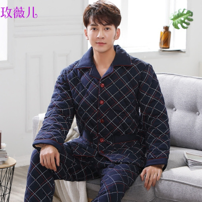 玫薇儿中老年睡衣加厚男冬三层夹棉纯棉棉袄保暖老人加肥加大码格子套装