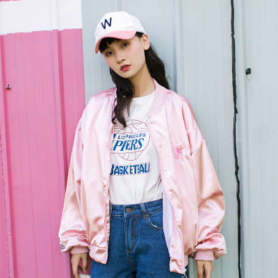 珂依舍2017秋装实拍秋冬中长款宽松显瘦棒球服女韩版长袖外套粉红豹刺绣上衣