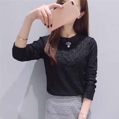 珂依舍2017秋装新款2017冬装新款韩版修身长袖加绒加厚蕾丝打底衫百搭蕾丝衫