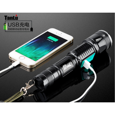 家用强光手电筒充电t6变焦远射led户外骑行手电筒带USB