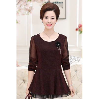 中年女秋装蕾丝打底衫妈妈装宽松显瘦长袖T恤时尚新款韩版上衣潮