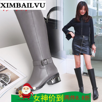 品牌尖头长靴中跟女靴新款马丁靴真皮女靴真皮女鞋时尚长靴子弹力靴