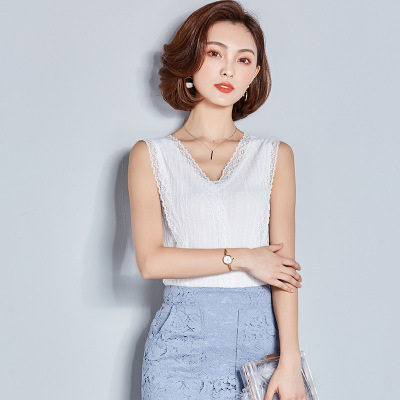瑾汐2018新款韩版时尚百搭修身显瘦V领蕾丝背心女打底T恤