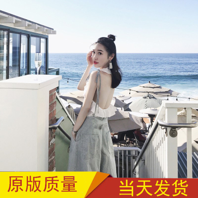 902新款「卢洁云」CARIEDO2017新款夏直筒牛仔裤女韩版阔腿裤牛仔背带裤定制